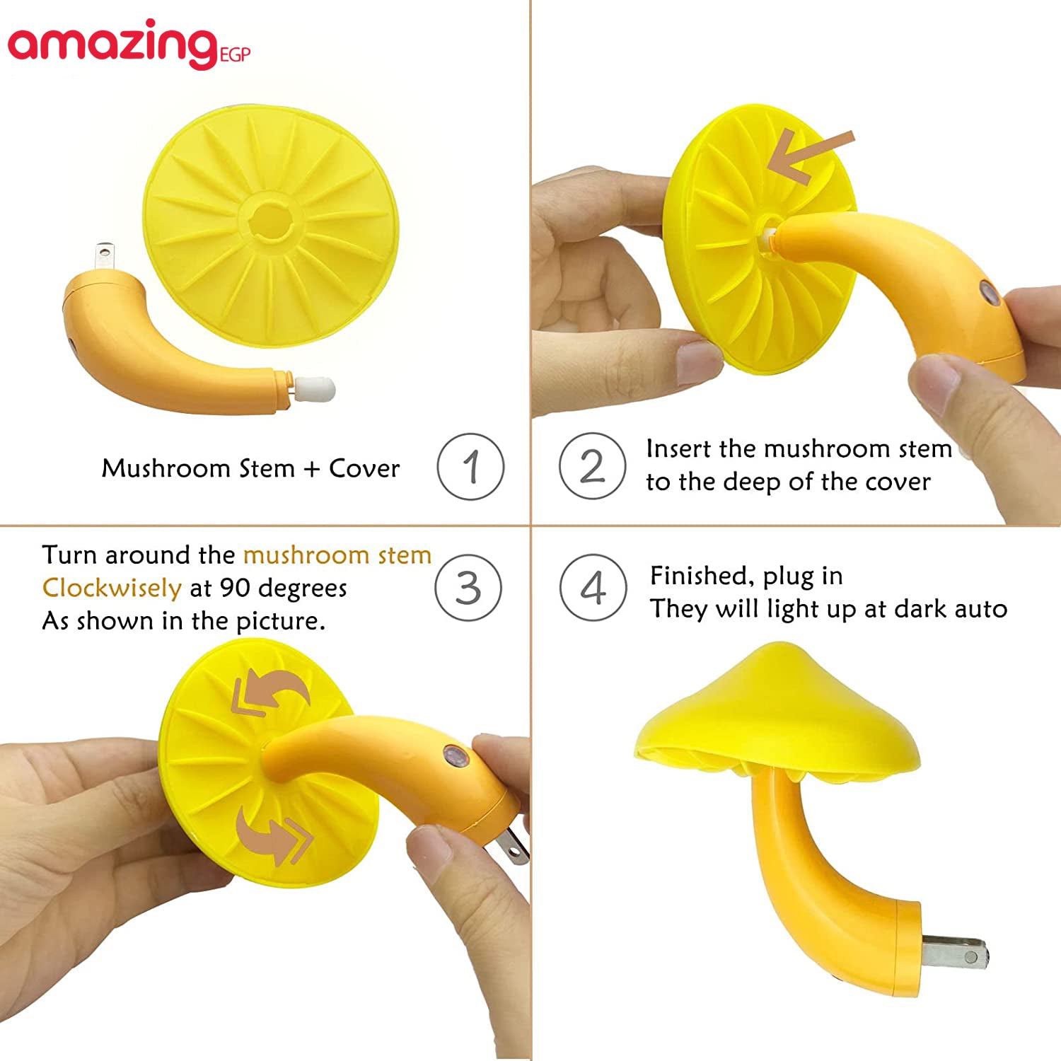 مصباح زينة ليلي لغرفة النوم بمستشعر للضوء | يعمل اوتومتك عند الظلام | واضاءة ليد موفرة وبتصميم على شكل زهرة الفطر - اصفر