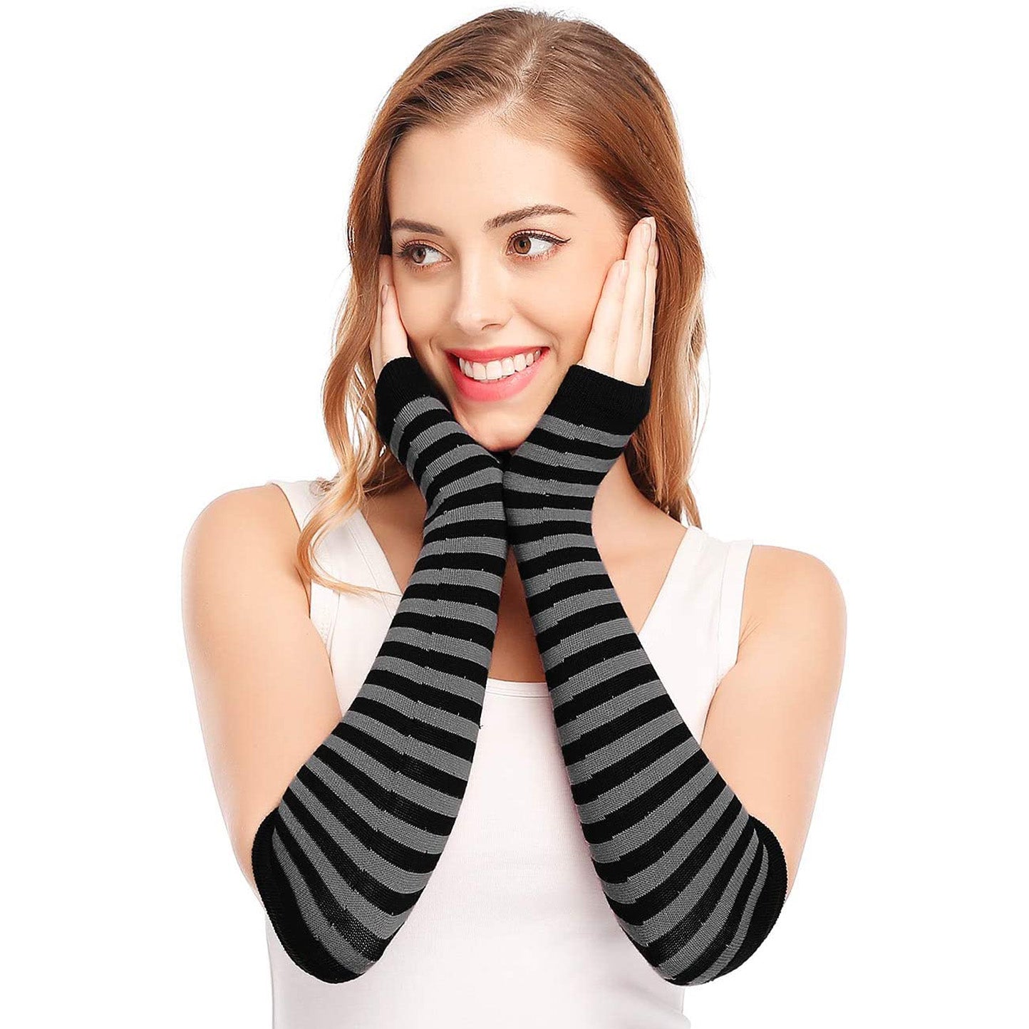 زوج من القفازات الشتوية طويلة بدون أصابع متماسكةقفازات لثقب الإبهام لتدفئة الذراع للنساء والفتيات