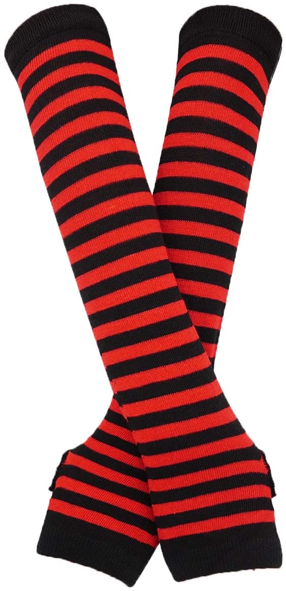 زوج من القفازات الشتوية طويلة بدون أصابع متماسكة قفازات لثقب الإبهام لتدفئة الذراع للنساء والفتيات | أحمر X اسود