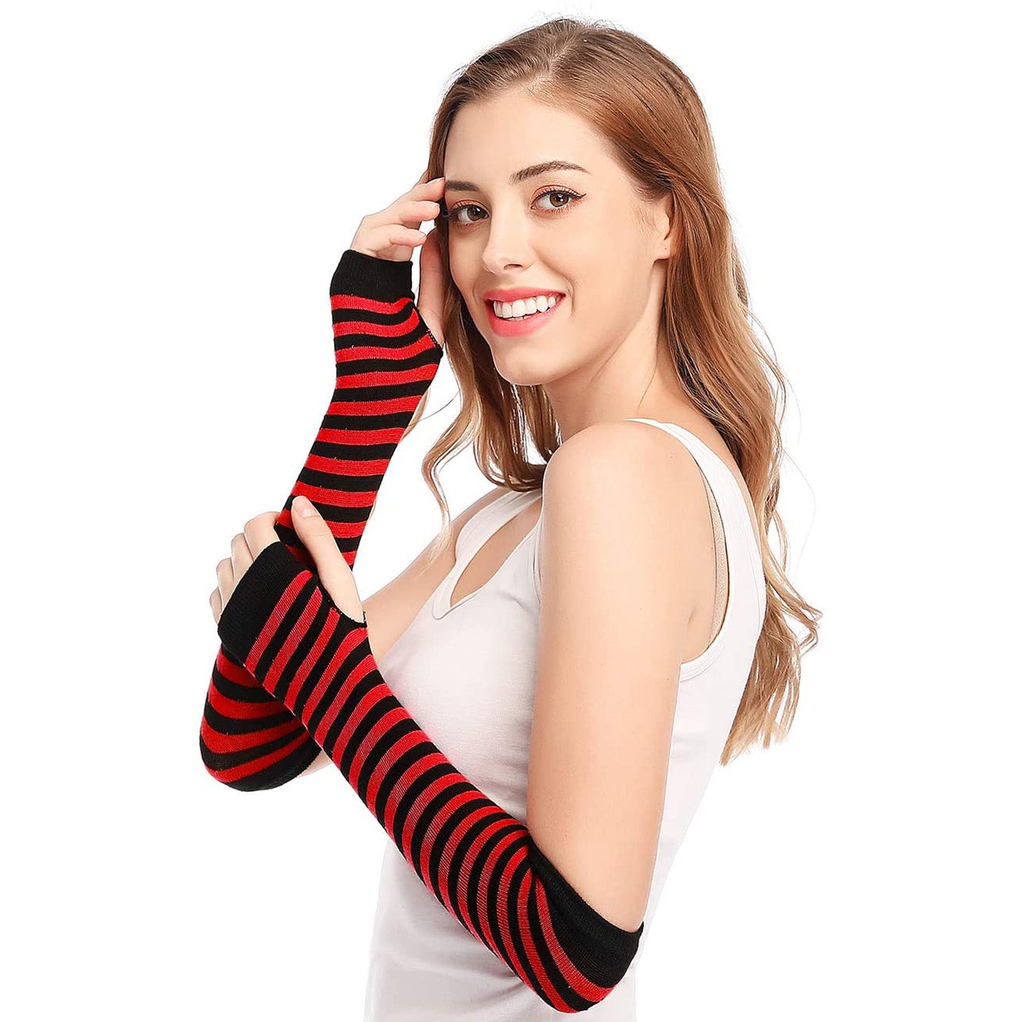 زوج من القفازات الشتوية طويلة بدون أصابع متماسكة قفازات لثقب الإبهام لتدفئة الذراع للنساء والفتيات | أحمر X اسود