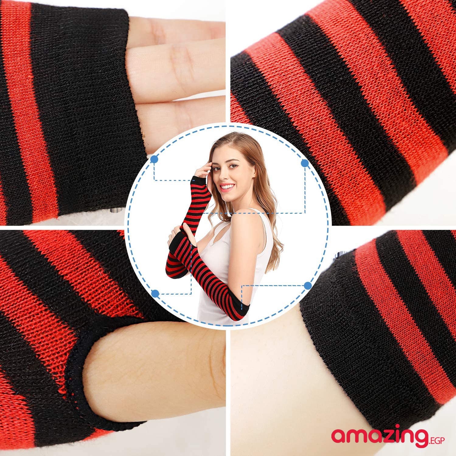 زوج من القفازات الشتوية طويلة بدون أصابع متماسكة قفازات لثقب الإبهام لتدفئة الذراع للنساء والفتيات | أحمر X اسود