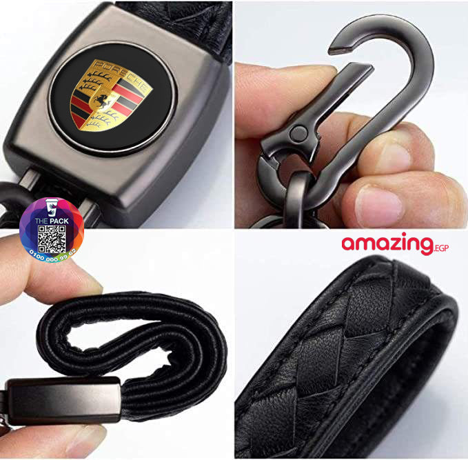 سلسلة مفاتيح للنساء والرجال من الجلد بلوجو سيارة مناسبة لسيارة  ميدالية مفاتيح معدنية مزينة بشعار سيارة مناسبة كهدية (بورشا)