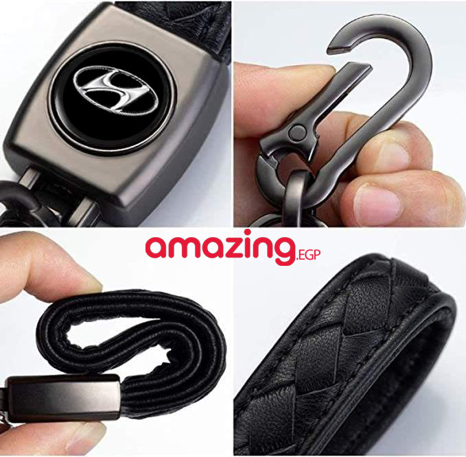 ميدالية مفاتيح معدنية مزينة بشعار سيارة من الجلد الاصلي لمفاتيح السيارة للنساء والرجال (اسود) (هيونداي)