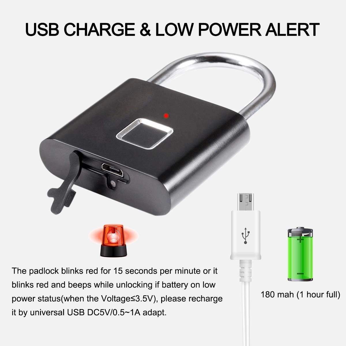 قفل بصمات الأصابع، من المعدن المقاوم للماء، خفيف للغاية بلمسة مع شحن يو اس بي يصلح لصالة الألعاب الرياضة، خزائن موظفي المدرسة وغيرها - أسود