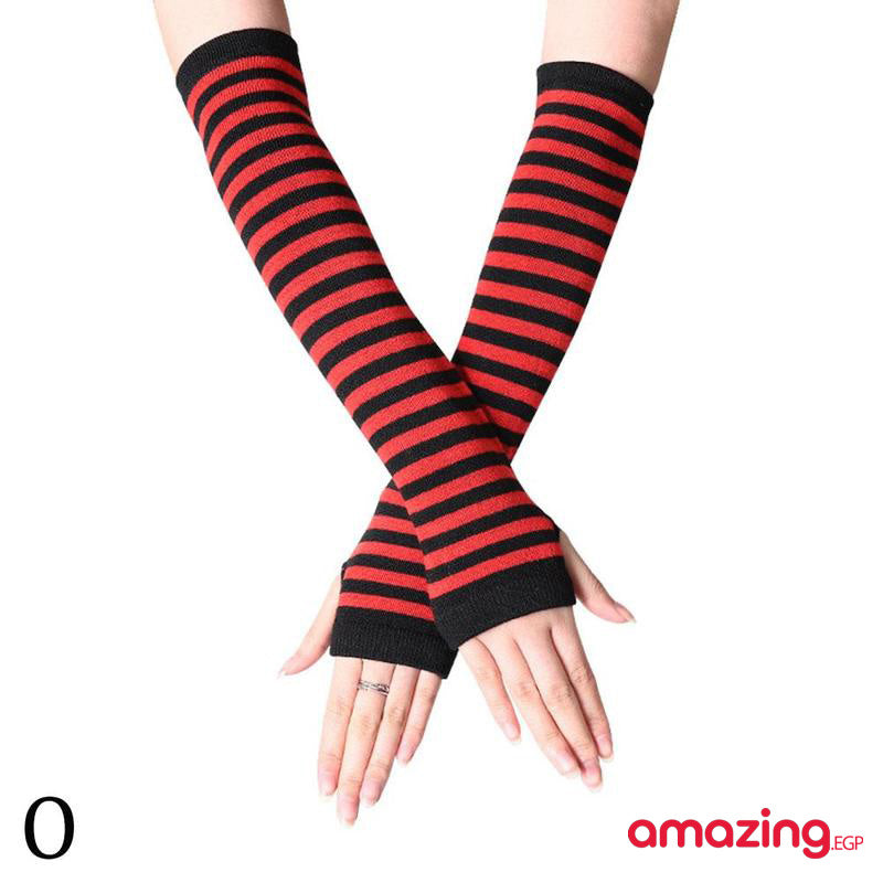 زوج من القفازات الشتوية طويلة بدون أصابع متماسكة قفازات لثقب الإبهام لتدفئة الذراع للنساء والفتيات | أحمر X اسود