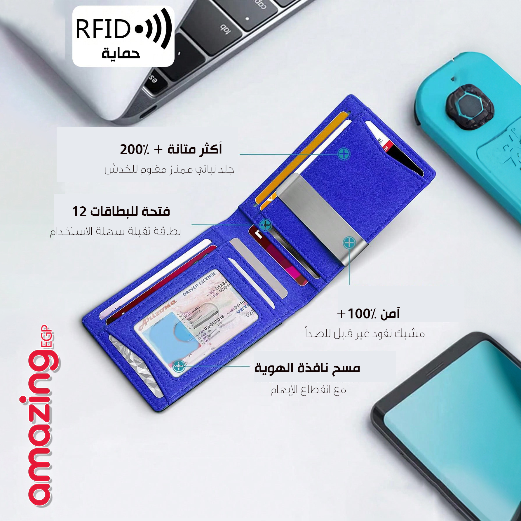 محفظة رجالية نحيفة مع تقنية RFID  - محفظة رجالية عالية الجودة من الكربون  محفظة ذكية نحيفة ورفيعة تصميم بسيط بسعة7 بطاقة | كربون اسود داخل ازرق | | الرجال تصميم حديث ومريح جلد طبيعي حافظ كروت حافظة كروت كراتة كراته محافظ محافظ نسائي محفظة محفظة جلدية مع R