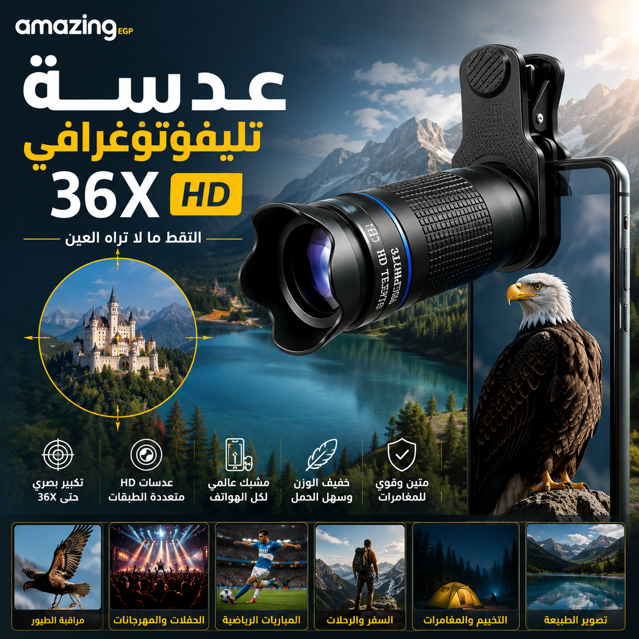 عدسة تليفوتوغرافي 36X للموبايل HD – منظار أحادي احترافي للهواتف الذكية مع مشبك تثبيت عالمي لتصوير المسافات البعيدة
