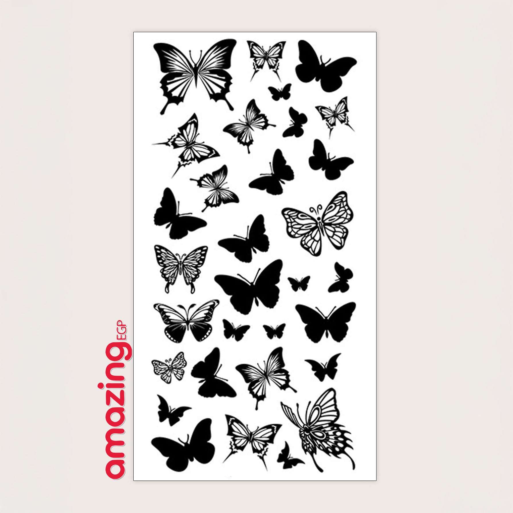 وشم مؤقت ضد الماء – فراشات اسود بتصميم كلاسيكي (ورقة واحدة) - M6544