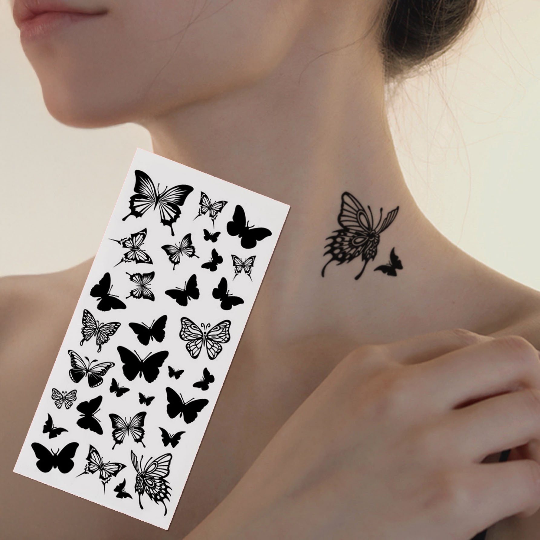 وشم مؤقت ضد الماء – فراشات اسود بتصميم كلاسيكي (ورقة واحدة) - M6544