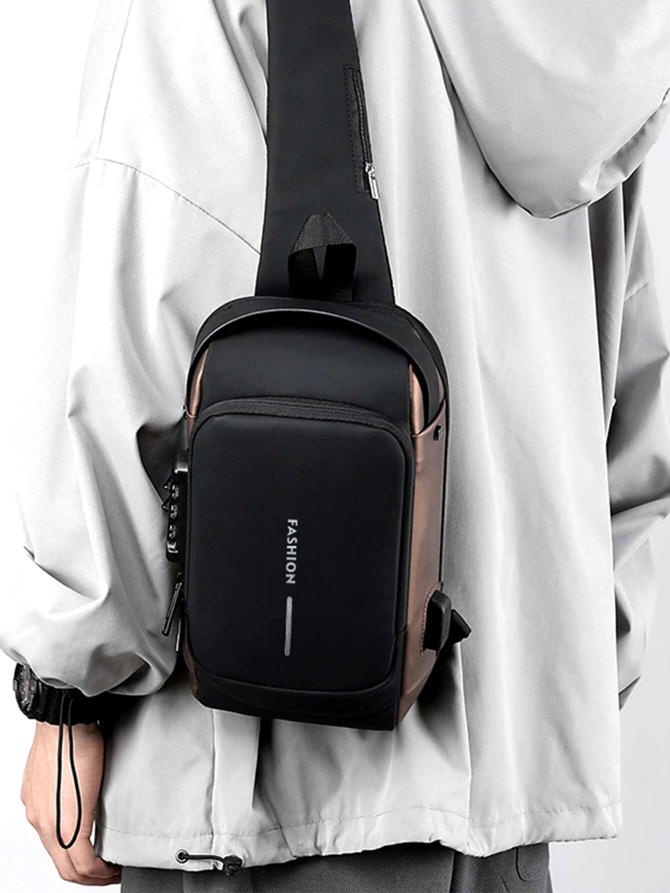 حقيبة كروسبودي مع حقيبة كتف واحدة للشحن عبر USB مقاوم للماء مضاد للسرقة مصمم للجنسين للسفر- اسود