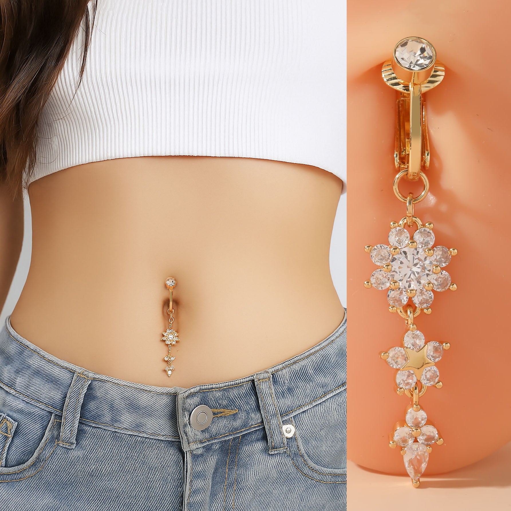 خاتم السرة من الفولاذ المقاوم للصدأ  خاتم الموضة شكل زهرة ونجوم مكعب زركونيا غير خارقة سرة البطن للنساء ، مجوهرات ثقب البطن الكلاسيكية للارتداء اليومي | قطعة واحدة | ذهبي