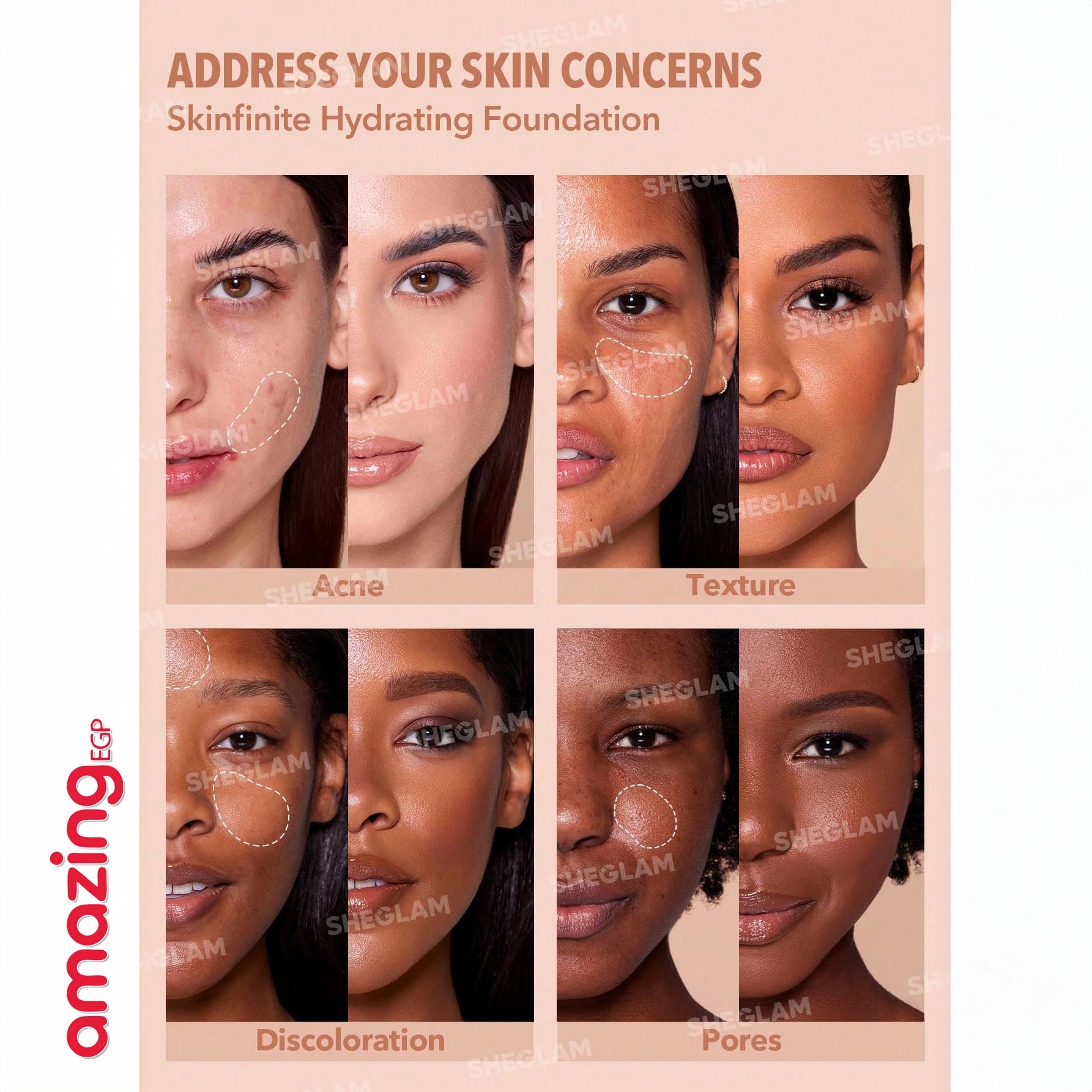 SHEGLAM Skinfinite عيِّنة كريم أساس مرطِّب بلمسة ندية – تغطية متوسطة قابلة للبناء، مظهر طبيعي خفيف، خالٍ من العطور والكحول، نباتي  –عينة 1.5 جم (Shade: Shell)