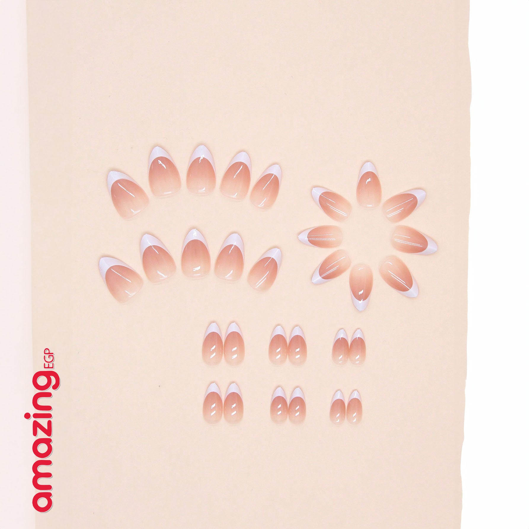 أظافر صناعية لاصقة – شكل لوزي أنيق (30 قطعة) بتدرّج طبيعي + غراء جيلي + مبرد – قابلة للإزالة وإعادة الاستخدام
