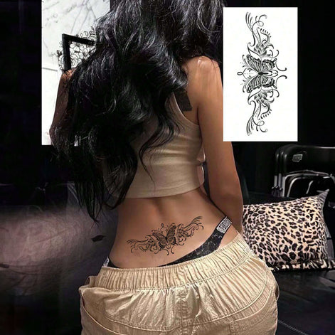 ملصق وشم فراشة أسود مؤقّت للخصر/البطن – مقاوم للماء ويُخفي الندوب