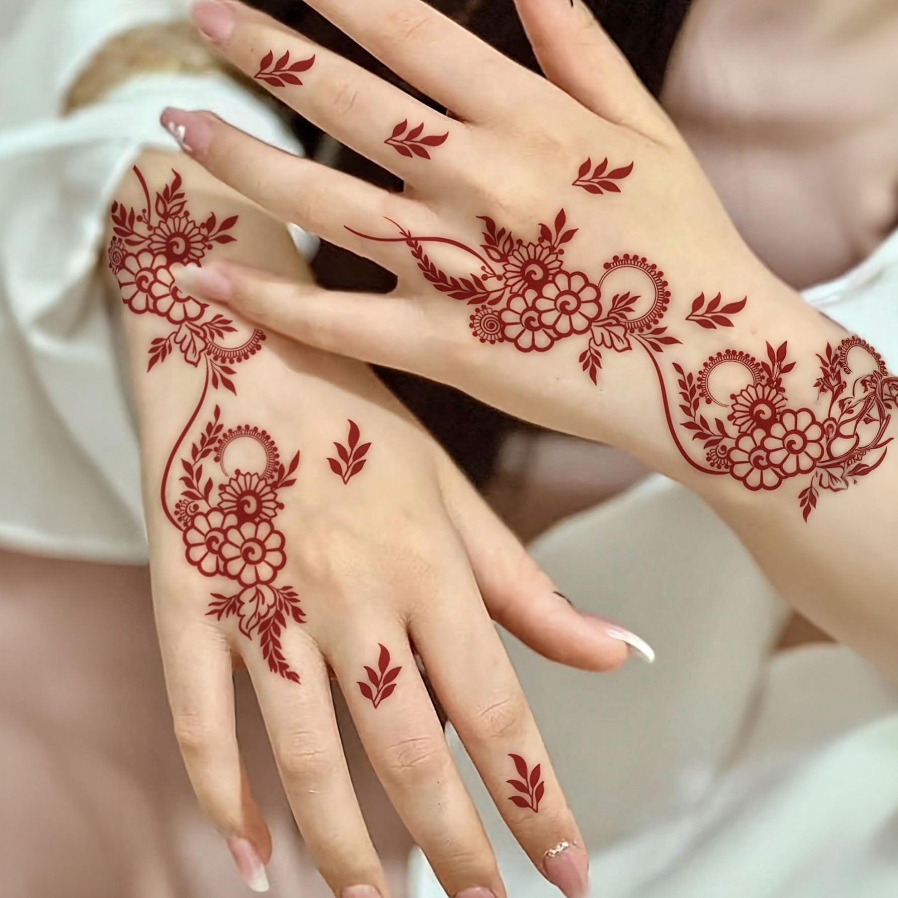 ملصقات وشم مؤقت بنقوش زهور الحناء الحمراء – ألوان بني وأحمر وكستنائي للأظافر والجسم للمناسبات والأعراس
