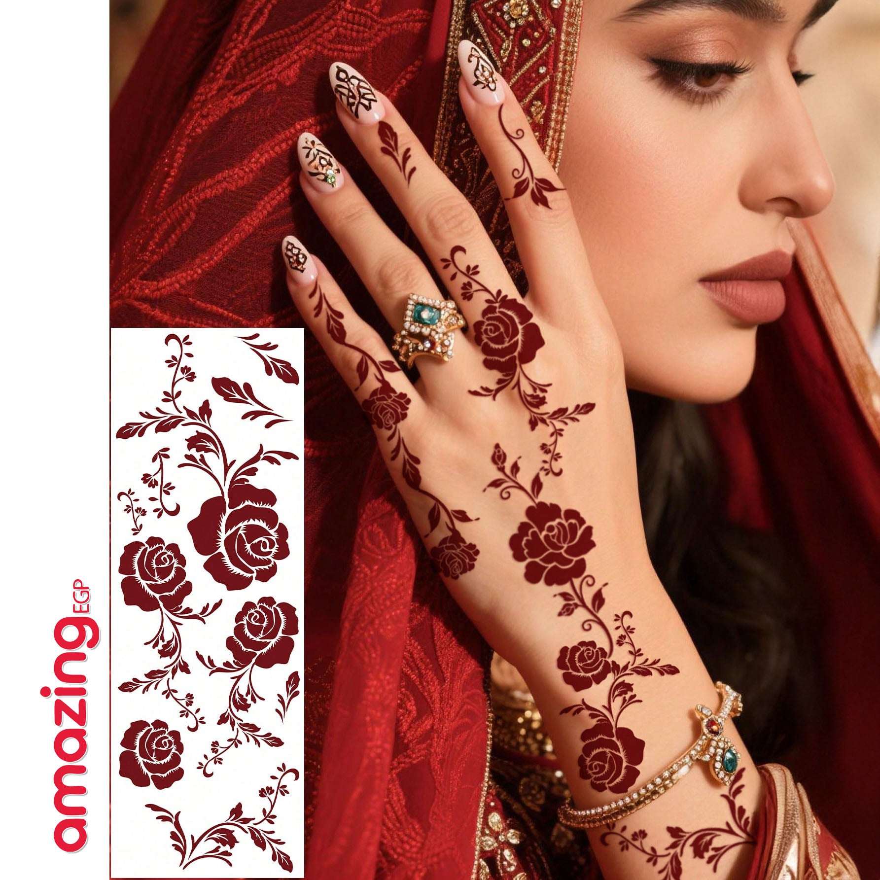 طقم وشم مؤقت بتصميم زهري – ألوان بني وأحمر وكستنائي للأظافر والجسم للمناسبات والأعراس | 8 قطع