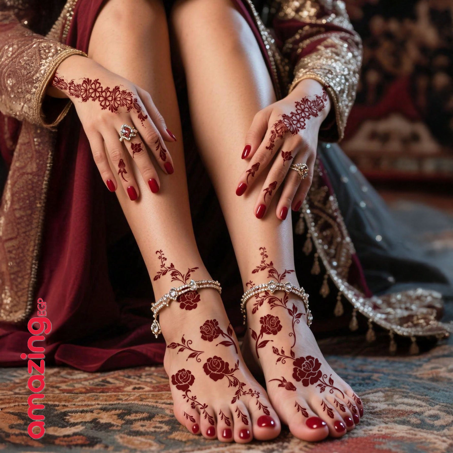 طقم وشم مؤقت بتصميم زهري – ألوان بني وأحمر وكستنائي للأظافر والجسم للمناسبات والأعراس | 8 قطع