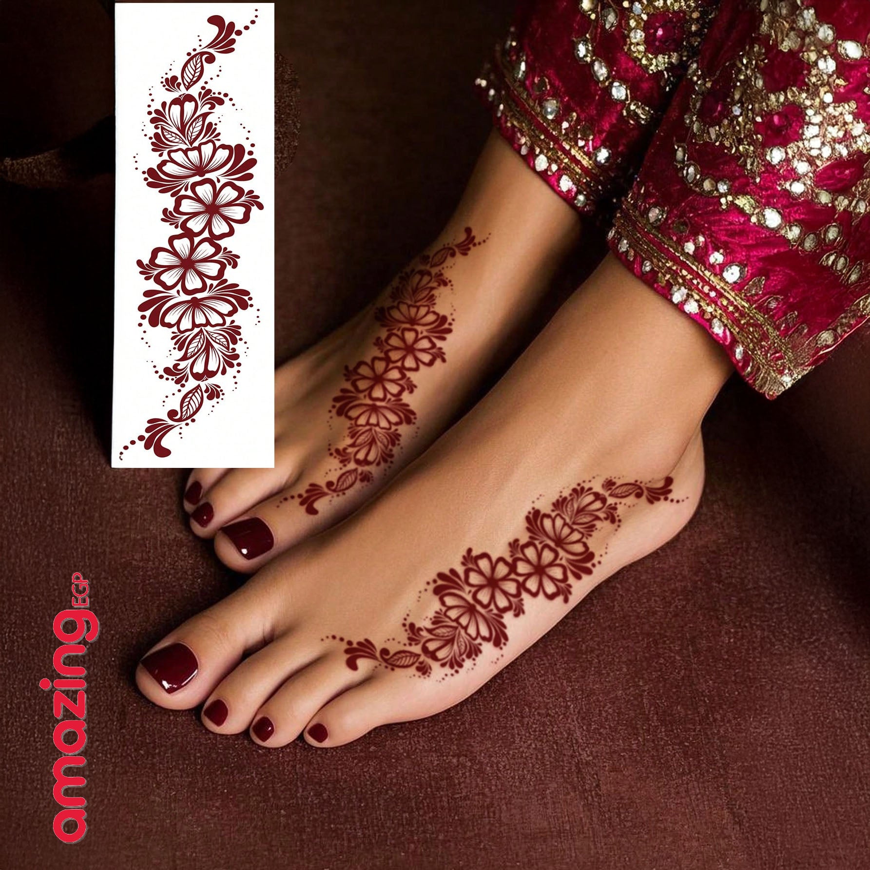 طقم وشم مؤقت بتصميم زهري – ألوان بني وأحمر وكستنائي للأظافر والجسم للمناسبات والأعراس | 8 قطع