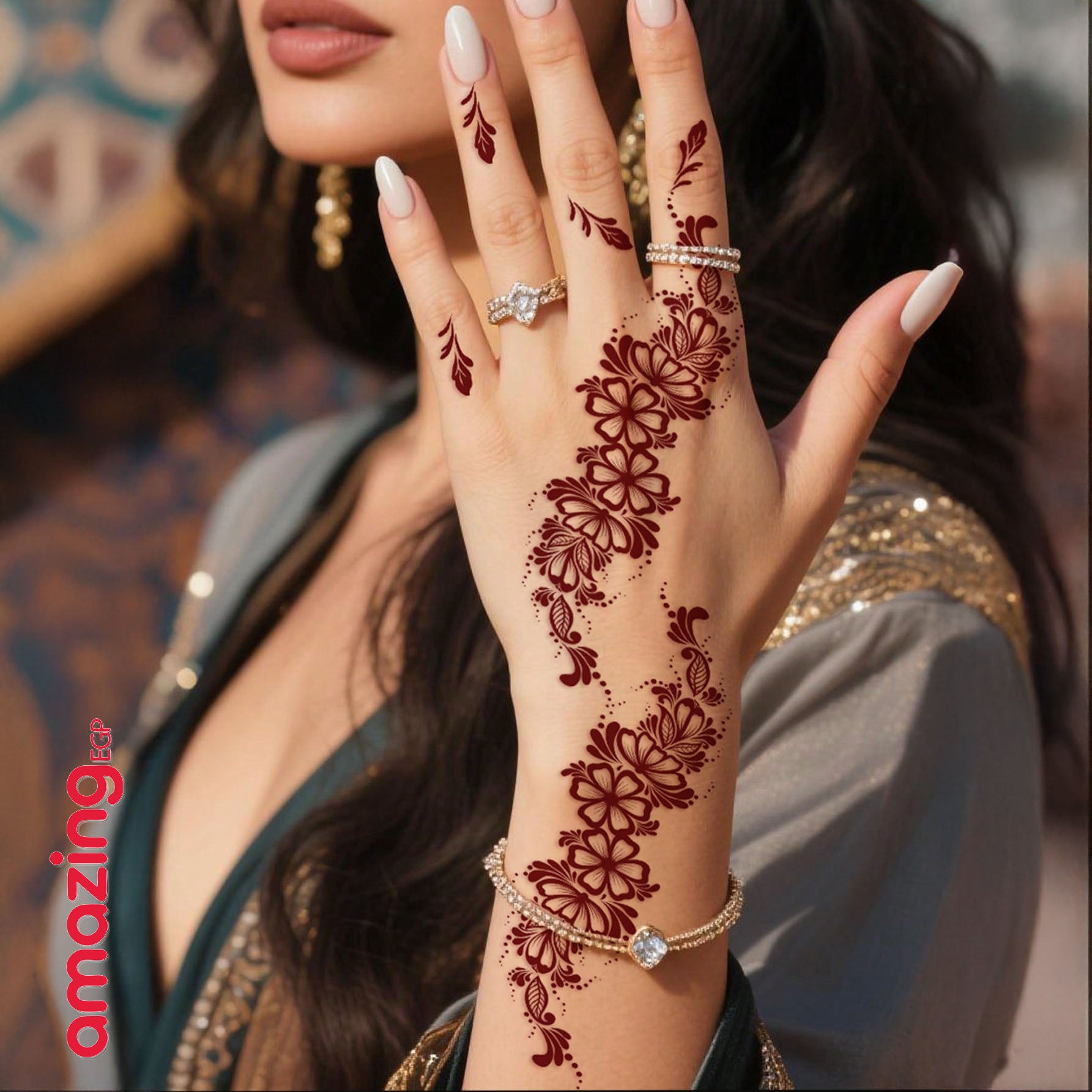 طقم وشم مؤقت بتصميم زهري – ألوان بني وأحمر وكستنائي للأظافر والجسم للمناسبات والأعراس | 8 قطع