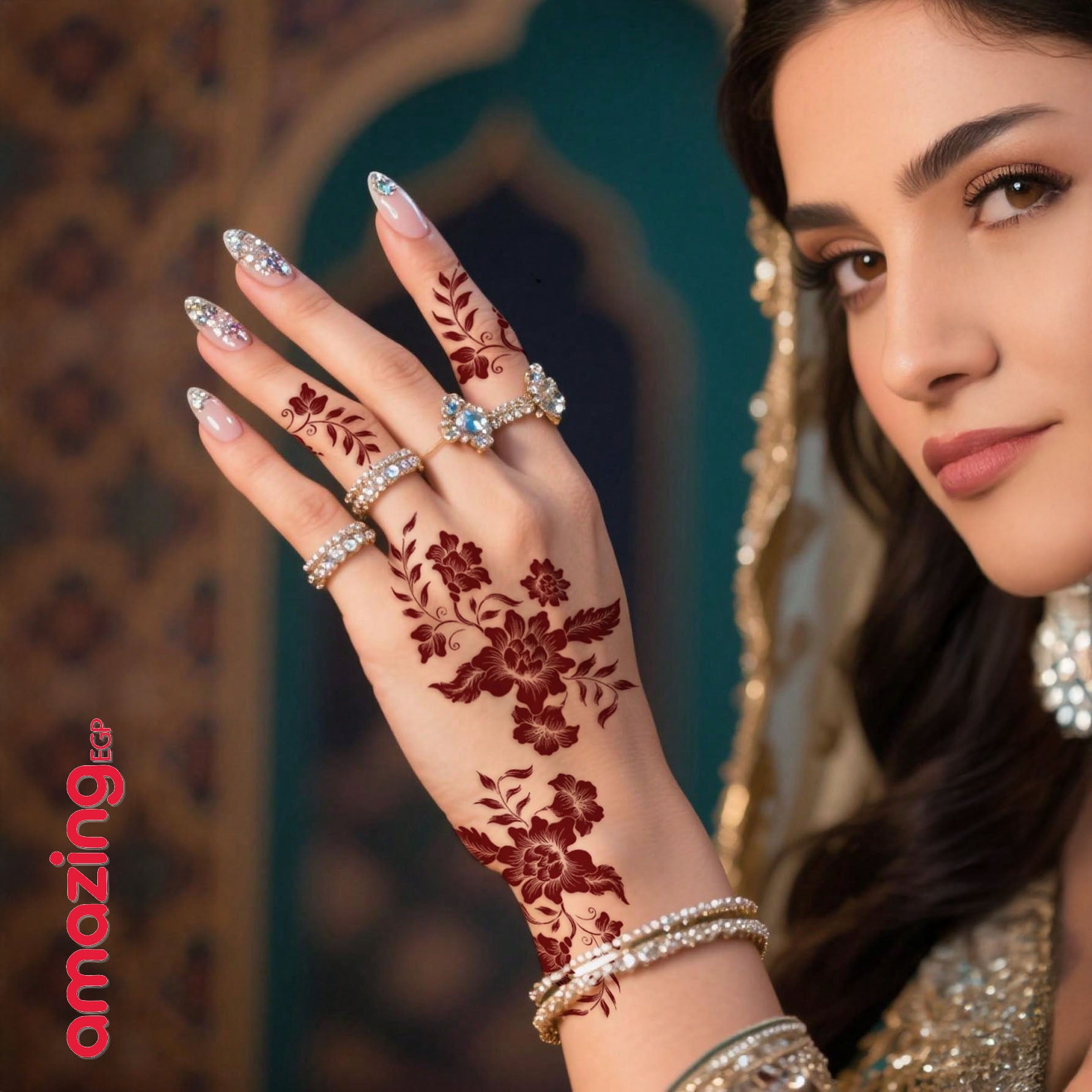 طقم وشم مؤقت بتصميم زهري – ألوان بني وأحمر وكستنائي للأظافر والجسم للمناسبات والأعراس | 8 قطع
