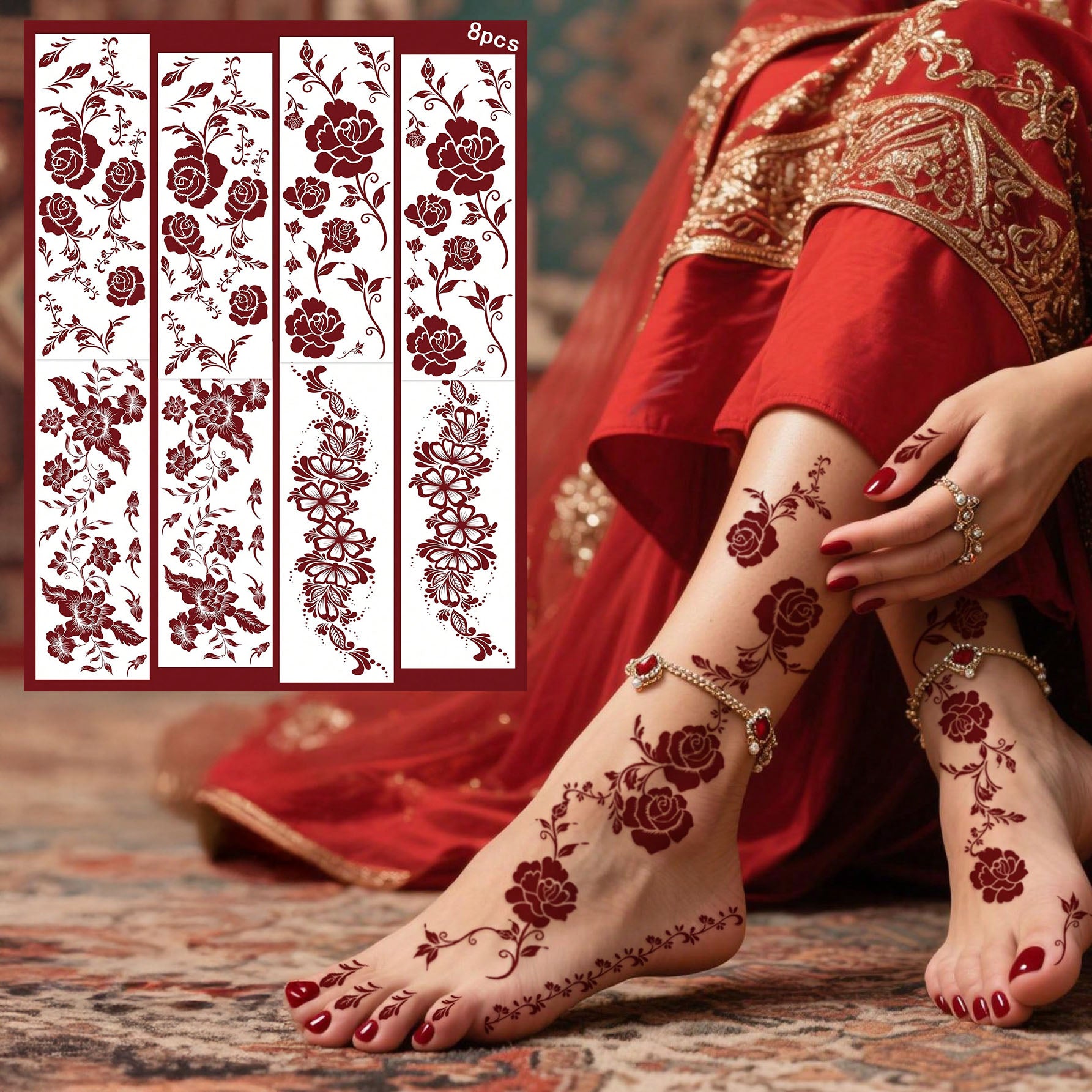 طقم وشم مؤقت بتصميم زهري – ألوان بني وأحمر وكستنائي للأظافر والجسم للمناسبات والأعراس | 8 قطع