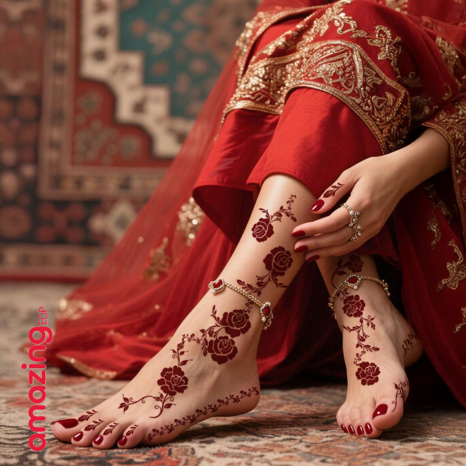 طقم وشم مؤقت بتصميم زهري – ألوان بني وأحمر وكستنائي للأظافر والجسم للمناسبات والأعراس | 8 قطع