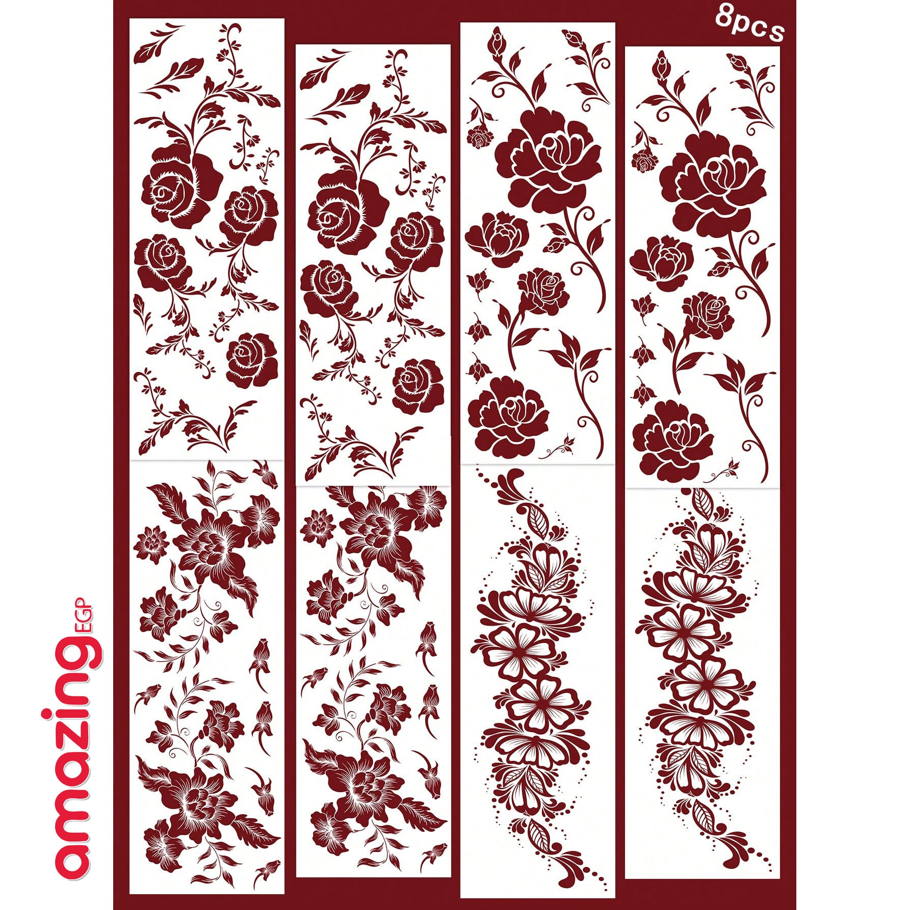 طقم وشم مؤقت بتصميم زهري – ألوان بني وأحمر وكستنائي للأظافر والجسم للمناسبات والأعراس | 8 قطع