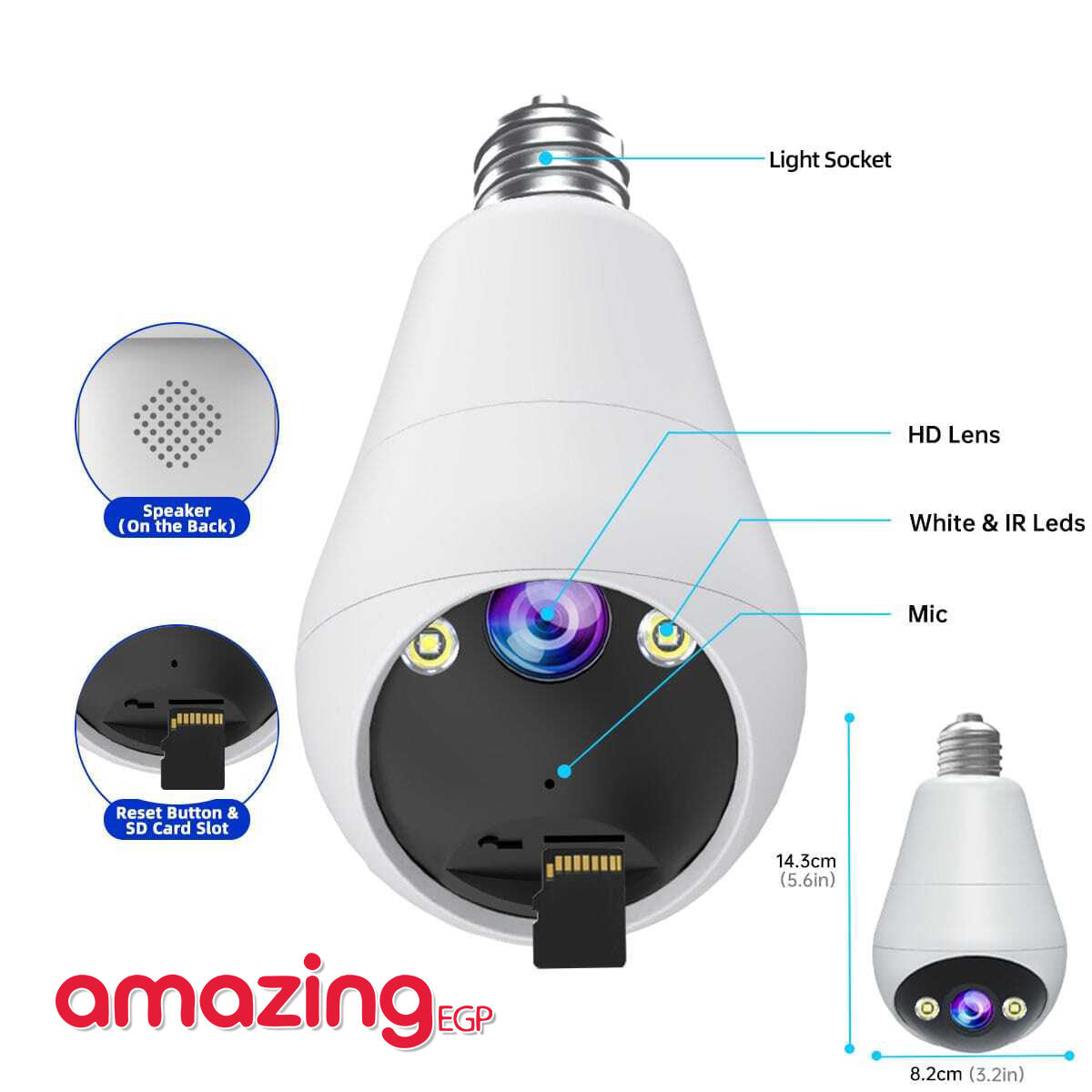 كاميرا لمبة ذكية بدقة ‎1080P‎ مع واي فاي ‎2.4GHz‎ وتحكم دوّار 355°/ميل 90° ورؤية ليلية ملوّنة، صوت ثنائي الاتجاه، تنبيه بالحركة، تركيب قاعدة ‎E27‎ للاستخدام الداخلي والخارجي
