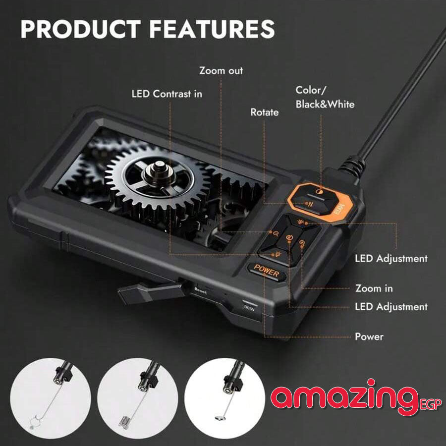 كاميرا فحص منظارية صناعية بشاشة 4.3 بوصة HD وإضاءة LED – كابل شبه صلب 5 متر مقاوم للماء IP67 للأعطال والسباكة والسيارات - ES04