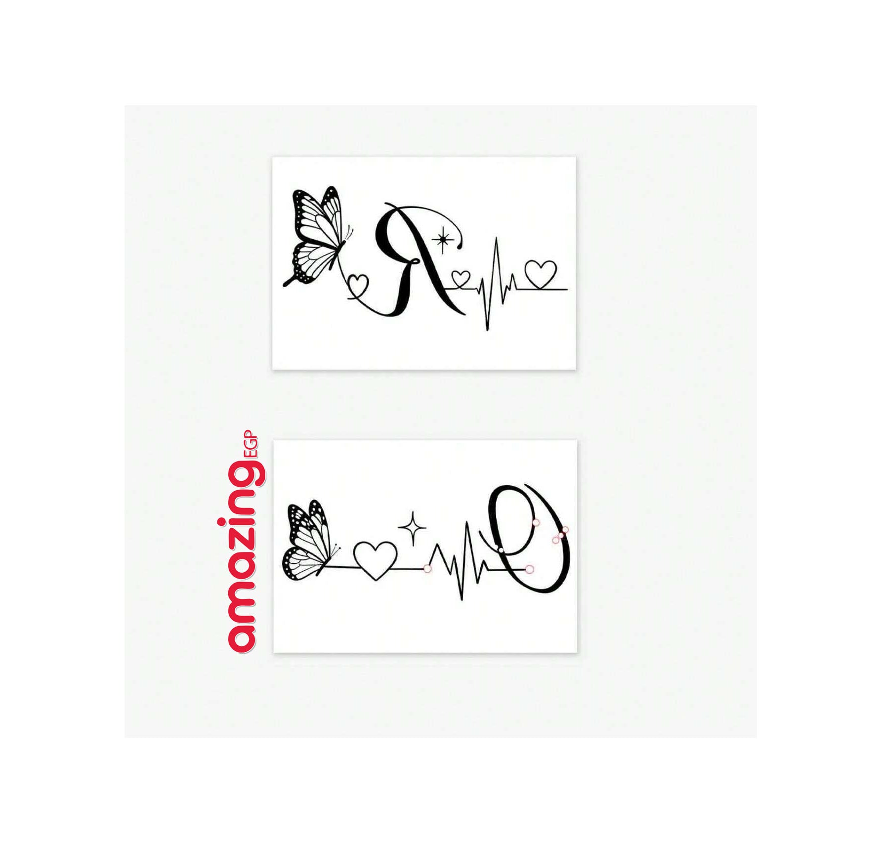 طقم وشم مؤقت مقاوم للماء والعرق (قطعتان) – تصميمات إنس أنيقة فراشة وقلب وحروف R وQ وتخطيط القلب - 4524