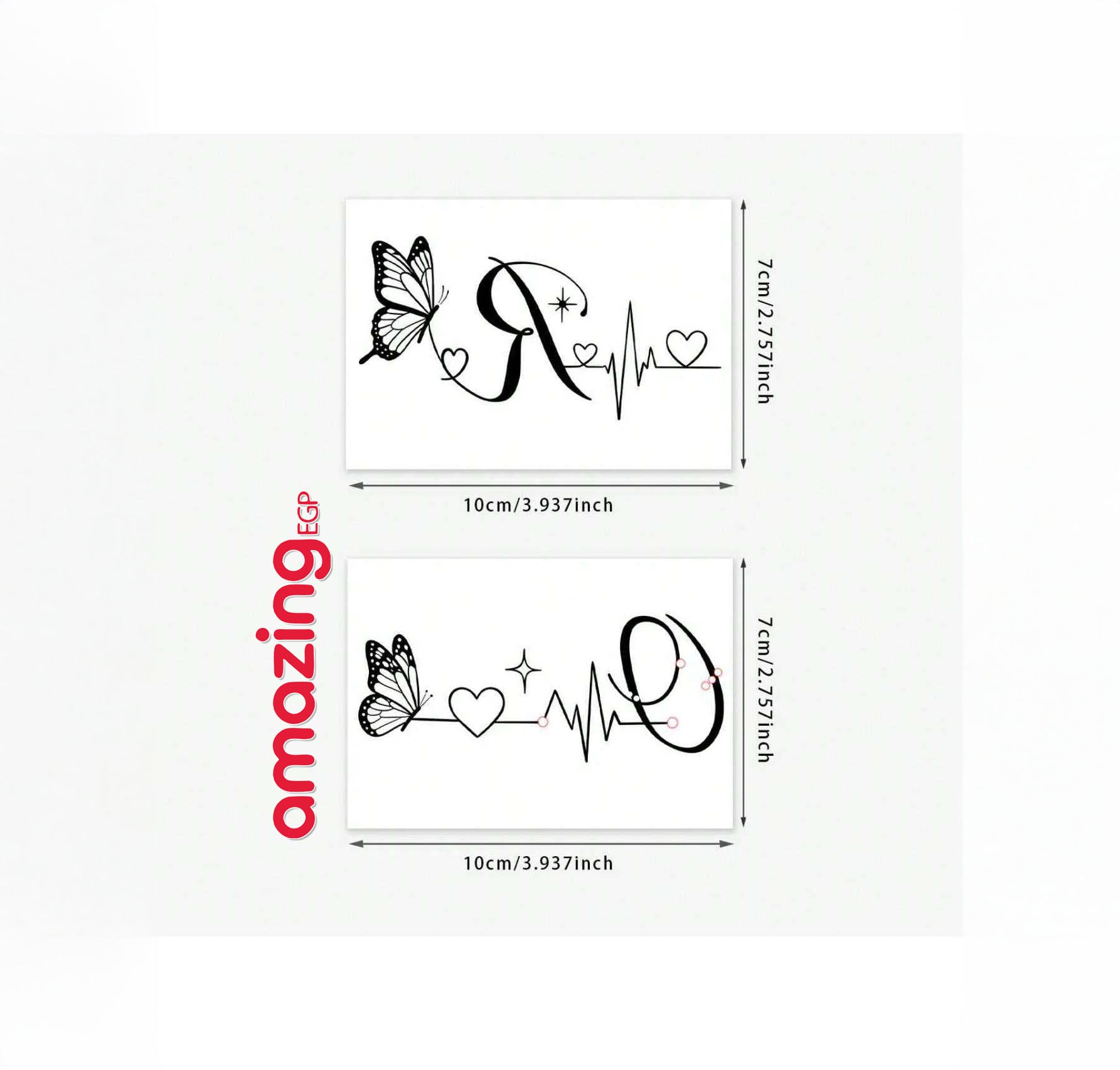 طقم وشم مؤقت مقاوم للماء والعرق (قطعتان) – تصميمات إنس أنيقة فراشة وقلب وحروف R وQ وتخطيط القلب - 4524