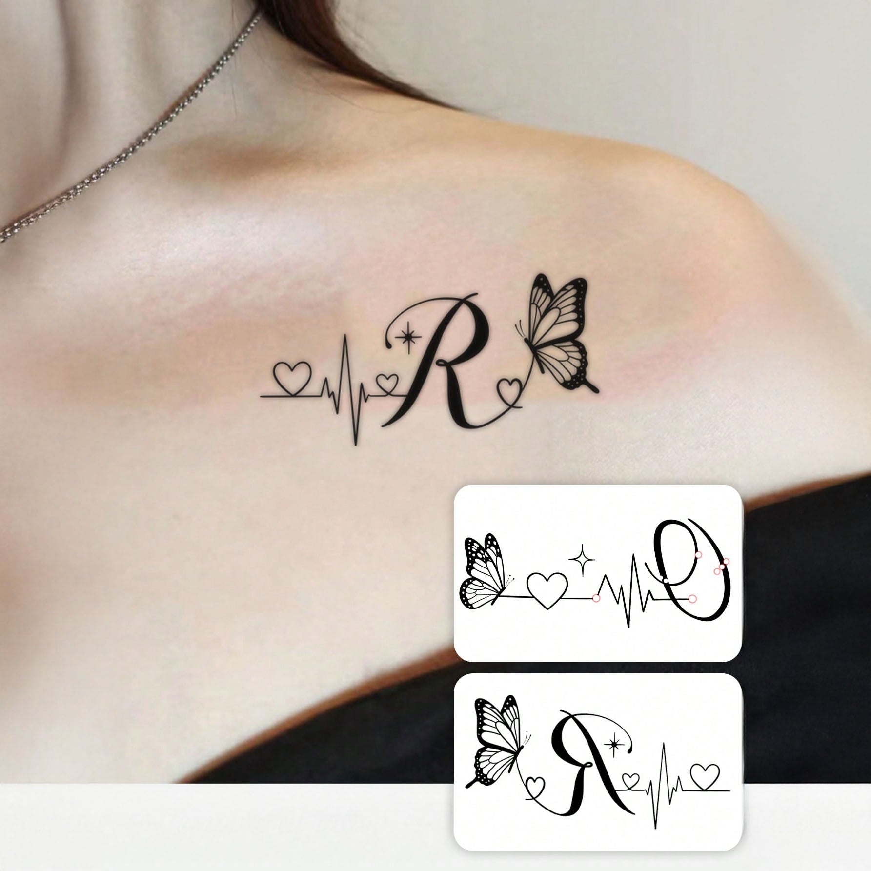 طقم وشم مؤقت مقاوم للماء والعرق (قطعتان) – تصميمات إنس أنيقة فراشة وقلب وحروف R وQ وتخطيط القلب - 4524