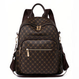 حقيبة ظهر نسائية عتيقة متعددة الاستخدامات – شنطة جامعة وسفر من جلد صناعي PU بنمط مربعات