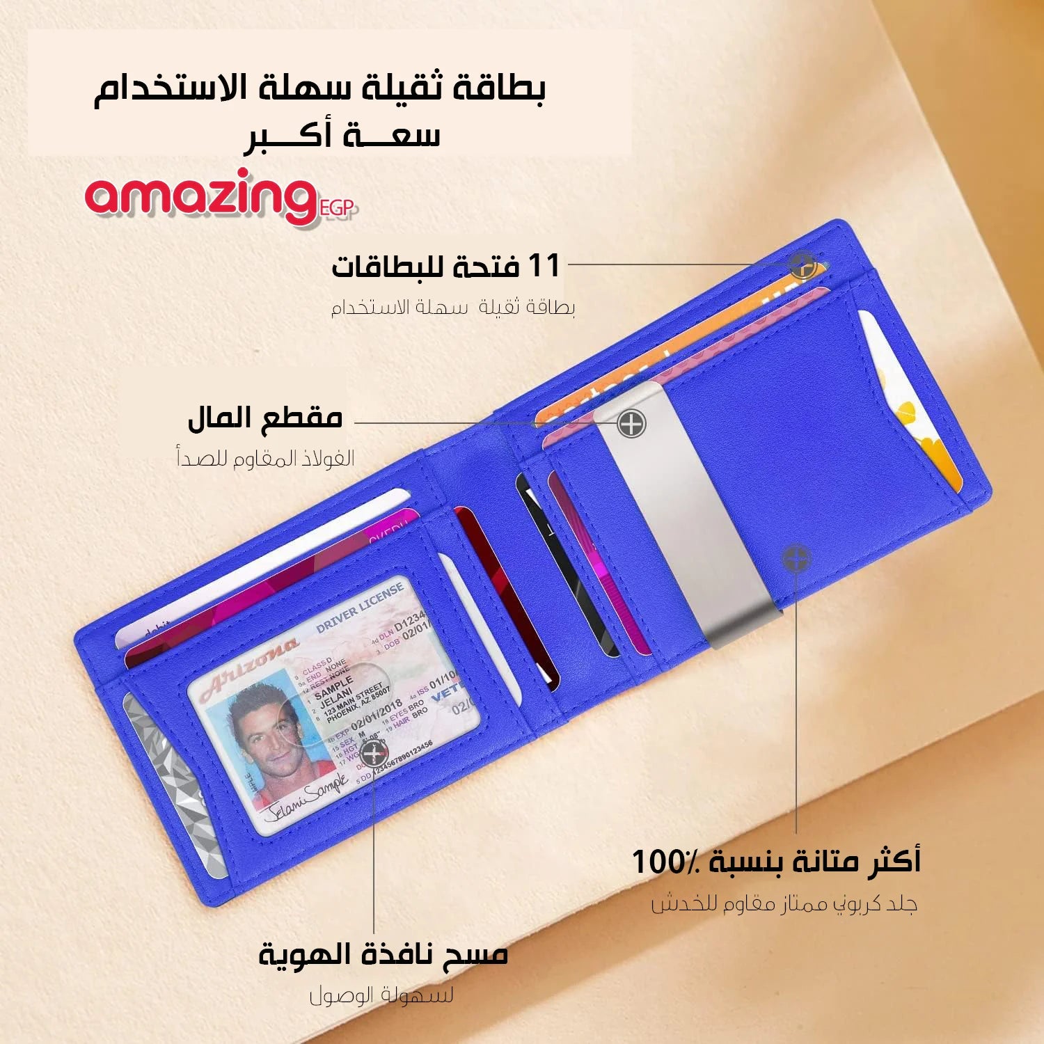 محفظة رجالية نحيفة مع تقنية RFID  - محفظة رجالية عالية الجودة من الكربون ، محفظة ذكية نحيفة ورفيعة، تصميم بسيط بسعة7 بطاقة | كربون اسود داخل ازرق |