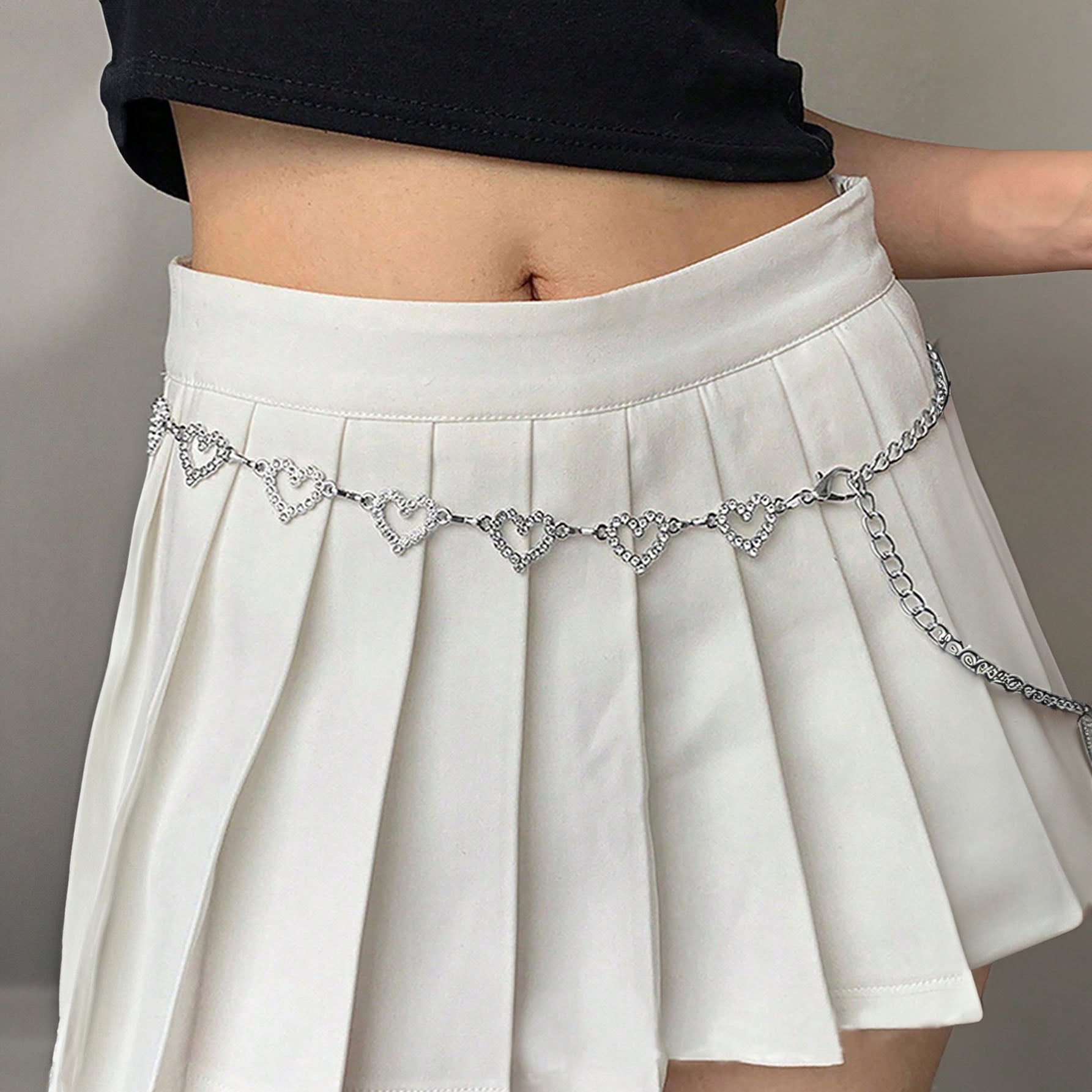 حزام خصر نسائي متعدد الطبقات بتصميم  محاكة بالخرز الراين بشكل قلب سلسلة أزياء مزينة بخرز مزيف ، لديكور الفستان