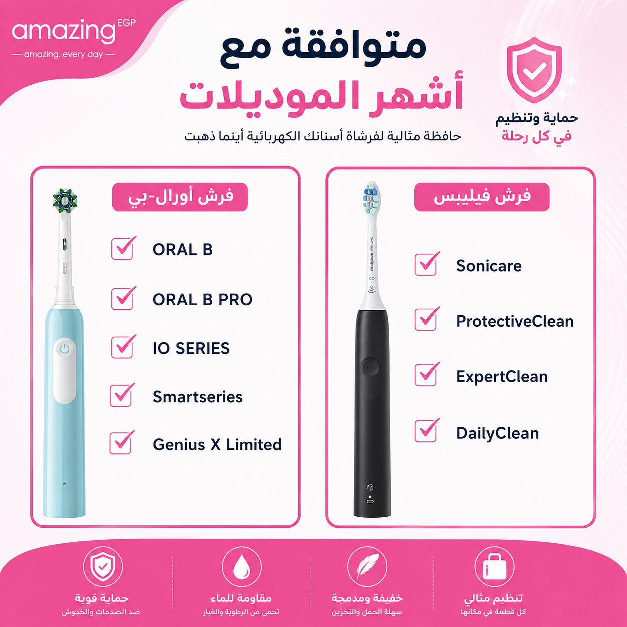 حافظة سفر صلبة لفرشاة الأسنان الكهربائية – حقيبة تخزين واقية متوافقة مع Oral-B وPhilips Sonicare وiO – مساحة للفرشاة والرؤوس والشاحن - بينك