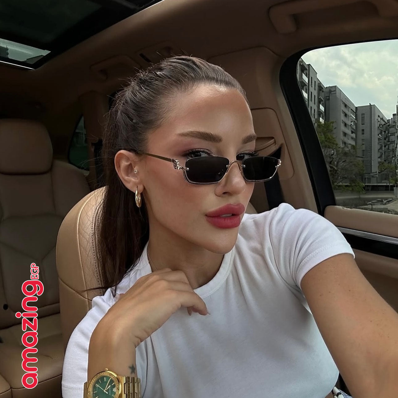 نظارة مربّعة نصف إطار معدني – إطار ذهبي وعدسات رمادية | موضة نسائية عصرية