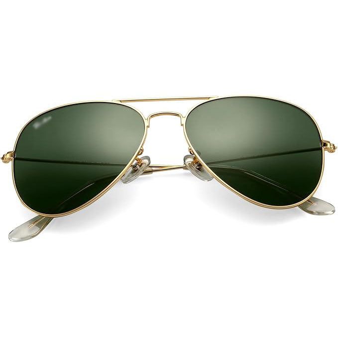 نظارات شمسية Aviator كلاسيكية بإطار ذهبي وعدسات Crystal Green زجاجية – حماية UV100% – للرجال والنساء