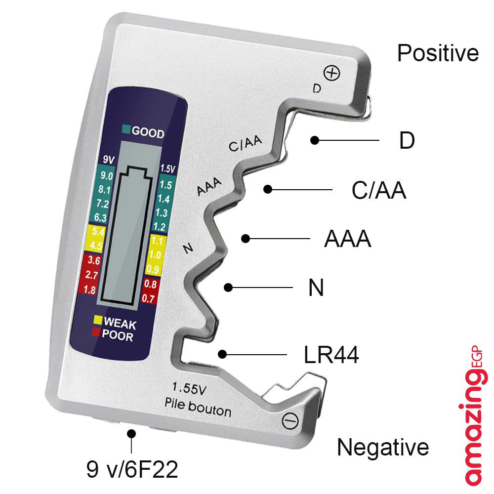 جهاز اختبار بطارية 7 انواع من البطاريات C وAA وAA وD وN و9 فولت ، جهاز فحص بطاريات خلية شاشة رقمية لبطارية AAA AA C D N 9V Battery - رمادي
