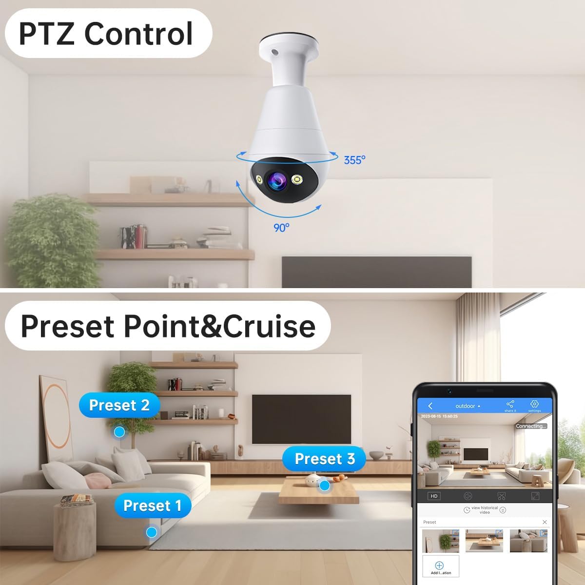 كاميرا لمبة ذكية بدقة ‎1080P‎ مع واي فاي ‎2.4GHz‎ وتحكم دوّار 355°/ميل 90° ورؤية ليلية ملوّنة، صوت ثنائي الاتجاه، تنبيه بالحركة، تركيب قاعدة ‎E27‎ للاستخدام الداخلي والخارجي