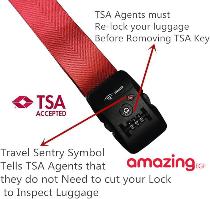 أشرطة الأمتعة TSA مع قفل مزيج قابل للتعديل حزام متقاطع غير قابل للانزلاق حزام شنطةالسفر - اسود