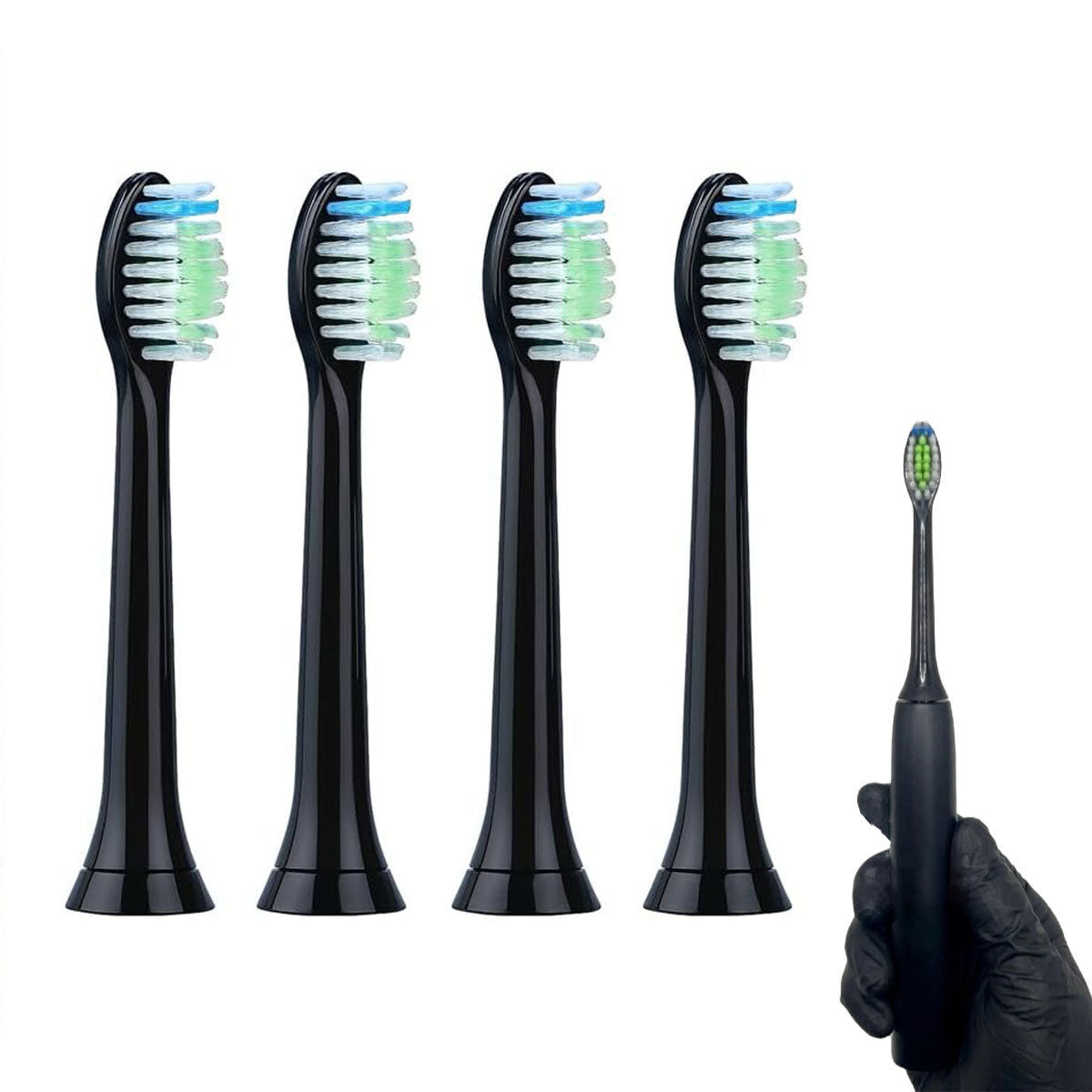 عبوة 4 رؤوس فرشاة أسنان كهربائية بديلة متوافقة مع Philips Sonicare HX6064 – شعيرات متوسطة لتنظيف الأسنان وإزالة البلاك – أسود