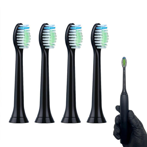 عبوة 4 رؤوس فرشاة أسنان كهربائية بديلة متوافقة مع Philips Sonicare HX6064 – شعيرات متوسطة لتنظيف الأسنان وإزالة البلاك – أسود
