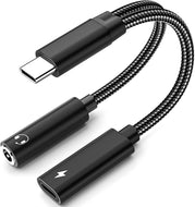 محول USB-C إلى 3.5 مم مع شحن سريع PD 60W – استماع للموسيقى مع الشحن في نفس الوقت (2 في 1) | أسود