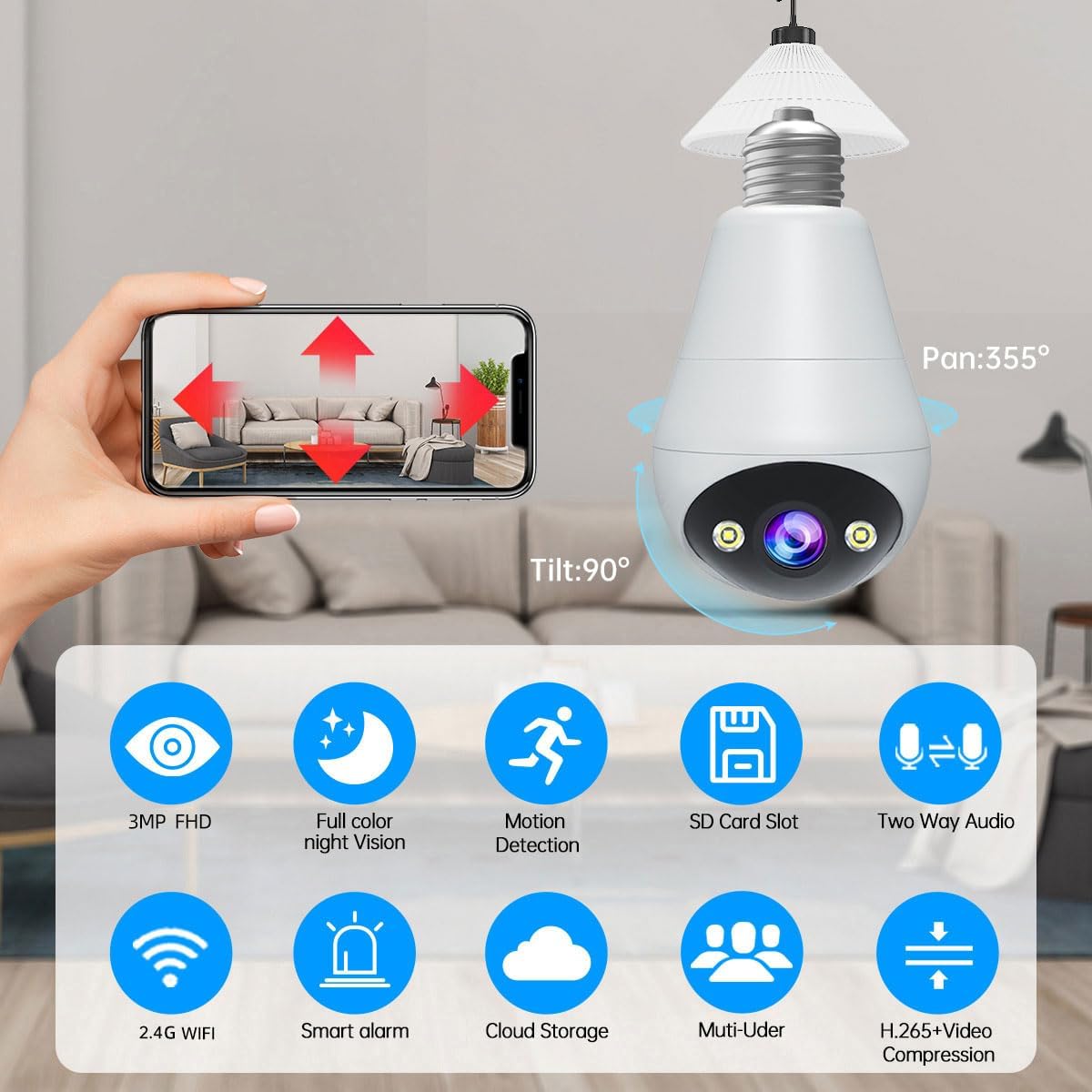 كاميرا لمبة ذكية بدقة ‎1080P‎ مع واي فاي ‎2.4GHz‎ وتحكم دوّار 355°/ميل 90° ورؤية ليلية ملوّنة، صوت ثنائي الاتجاه، تنبيه بالحركة، تركيب قاعدة ‎E27‎ للاستخدام الداخلي والخارجي