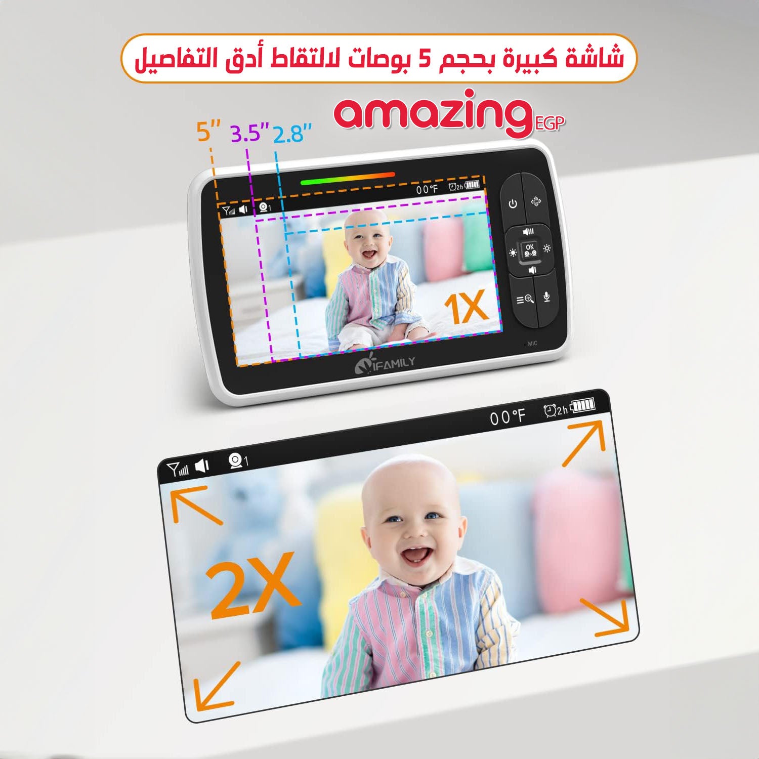 شاشة مراقبة الأطفال - شاشة كبيرة ٥ بوصات مع عمر بطارية ٣٠ ساعة - تحكم عن بُعد في الوضع الأفقي والرأسي والتكبير/التصغير؛ بدون واي فاي، صوت ثنائي الاتجاه، رؤية ليلية، درجة حرارة، تهويدات، جهاز مراقبة أطفال بعيد المدى ٩٦٠ قدمًا مع كاميرا وصوت