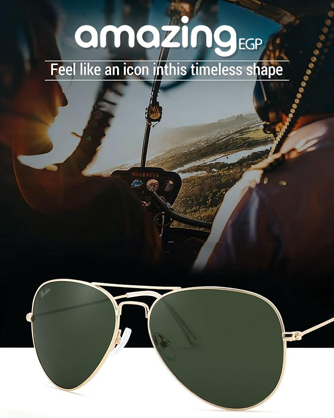 نظارات شمسية Aviator كلاسيكية بإطار ذهبي وعدسات Crystal Green زجاجية – حماية UV100% – للرجال والنساء