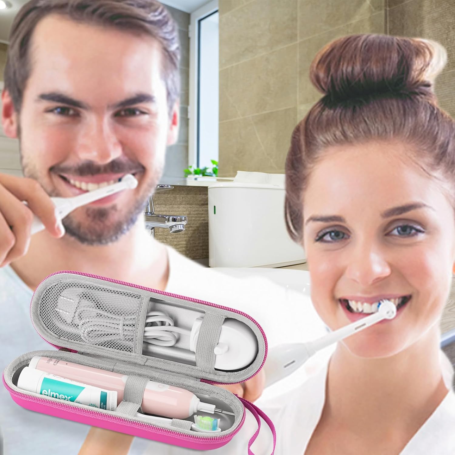 حافظة سفر صلبة لفرشاة الأسنان الكهربائية – حقيبة تخزين واقية متوافقة مع Oral-B وPhilips Sonicare وiO – مساحة للفرشاة والرؤوس والشاحن - بينك