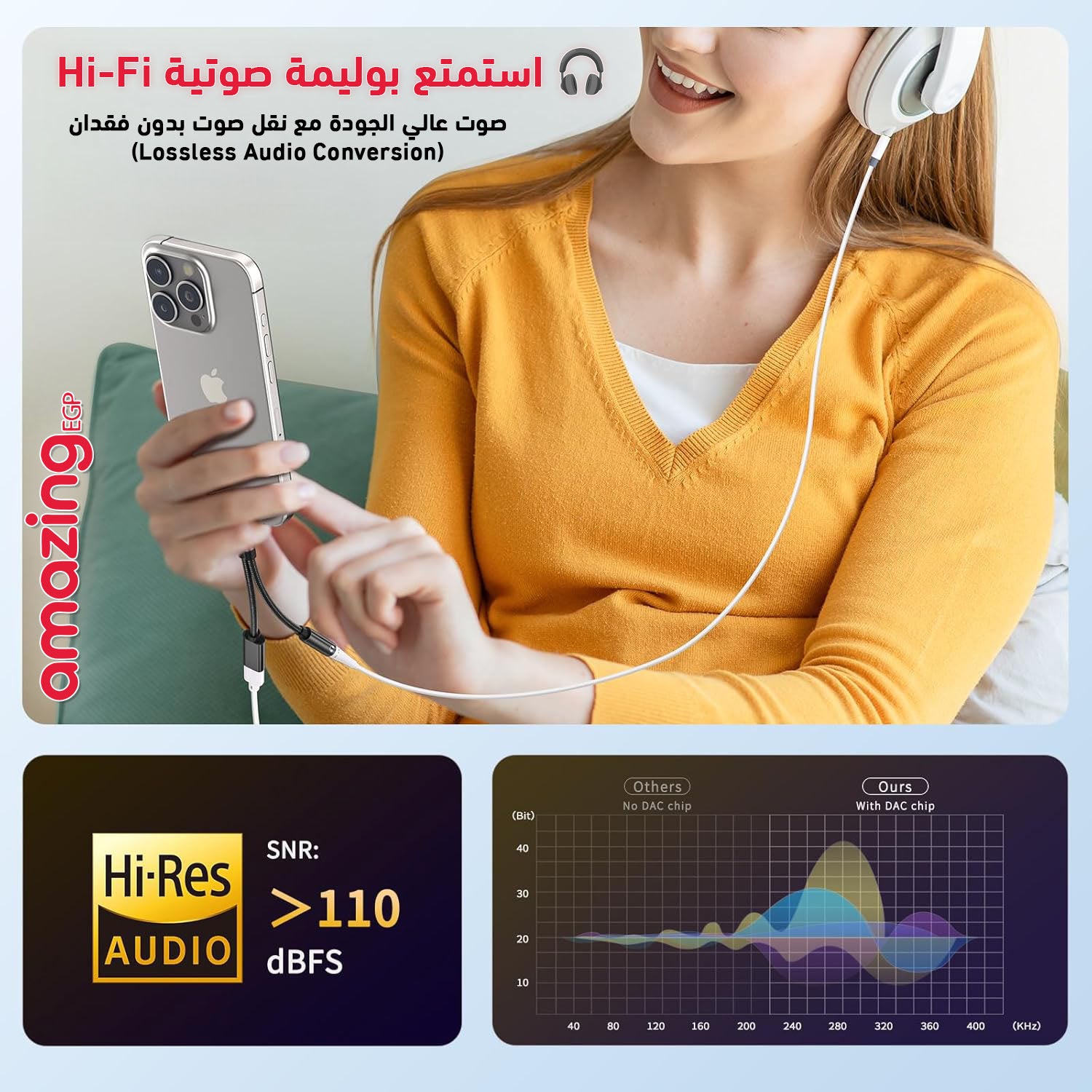 محول USB-C إلى 3.5 مم مع شحن سريع PD 60W – استماع للموسيقى مع الشحن في نفس الوقت (2 في 1) | أسود