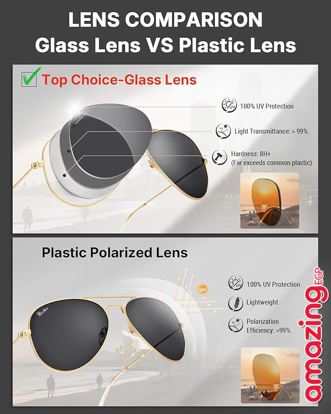 نظارات شمسية Aviator كلاسيكية بإطار ذهبي وعدسات Black Polarized زجاجية – حماية UV100% – للرجال والنساء